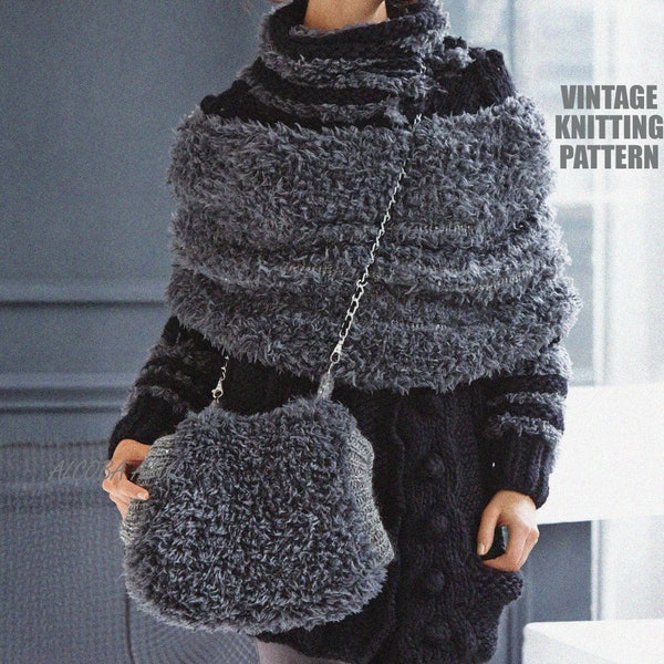 PDF KNITTING PATTERN Aran Set Womens Coat Cowl & Muff Vintage Knit Pattern Ladies Casual Outwear Super Bulky Chunky 10ply Instant Download