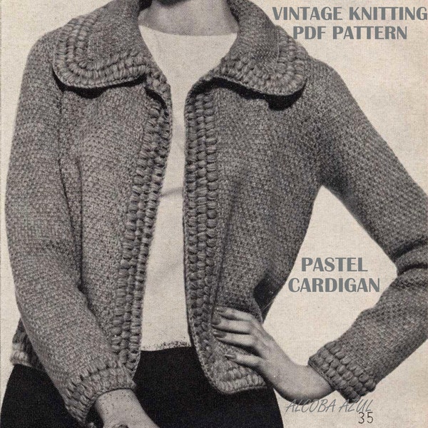 Womens 60s Fabric-stitch Cardigan KNITTING PATTERN pdf Ladies Sweater Crocheted bands size 12 14 16 Super Fingering 4-ply Instant Download