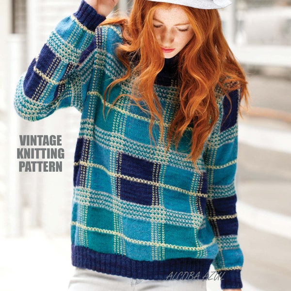 Plaid Pullover PDF KNITTING PATTERN Womens Oversized drop-shoulder Vintage Knit Pattern Ladies Outwear Bust 40 Sport 5 ply Instant Download
