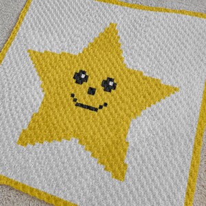 Patrón de crochet en PDF para manta de estrellas amarillas divertidas C2C de 60 x 60 cuadrados / 3 opciones de 78, 89 y 127 cm. Intarsia de esquina a esquina para cochecito. Descarga instantánea.