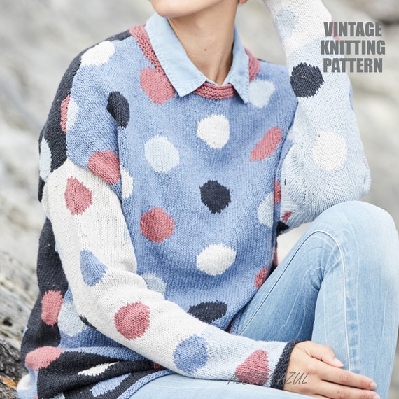 Women KNITTING PATTERN Polka Dots Sweater DK 8 Ply Yarn Set in Sleeves Pullover Pattern Ladies Top Vintage Scarlett Bag Instant Download Pdf Etsy