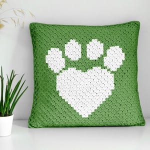 Patrón de crochet cuadrado de 42x42 cm (mini almohada de 14 pulgadas) con forma de pata de gato verde, ideal para principiantes (PDF) / Gráfico diagonal para San Valentín, descarga instantánea