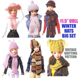 11.5 inch Fashion Doll Hats and Scarf Set 6-in-1 PATTERN Vintage Knitting | ENGLISH only winter adventures Pompom Cable Instant download PDF