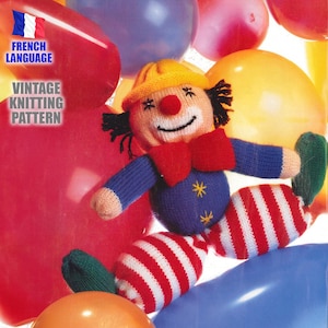 FRENCH Vintage KNITTING PATTERN 34 cm Clown Doll | Easy 13.5-inch Striped Softie Plush Stuffed Toy Joyful Amigurumi pdf Instant Download
