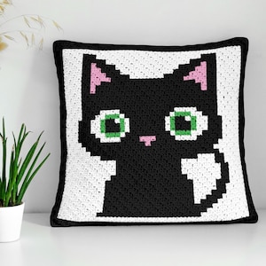 Patrón de crochet diagonal cuadrado de 42 x 42 cm (mini almohada de gato negro para Halloween) en PDF. Retrato de gatito espeluznante de esquina a esquina. Descarga instantánea.
