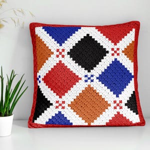 Patrón de crochet mini C2C para cojín cuadrado de azulejos de mosaico de Sevilla (PDF) / Cojín estilo azulejo español de 35,5 cm y 60 cm, gráfico rojo y azul, descarga instantánea