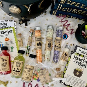 May include: A collection of Halloween-themed items, including potion bottles, test tubes filled with colorful ingredients, and instruction cards. The bottles are labeled with spooky names like "Vampire Venom" and "Zombie Brew". A cauldron and a spell book are also present.