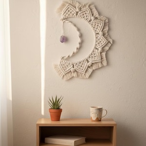 Macrame Moon Wall Hanging: Boho Woven Art with Raw Amethyst
