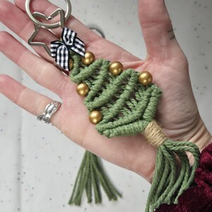 Macrame Christmas Tree Keychain with Bells, Handmade Holiday Accessory