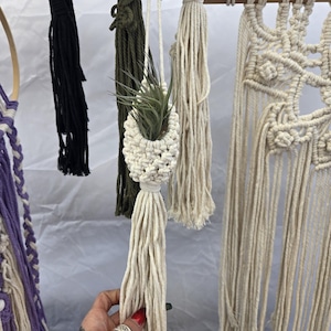 Pode incluir: Um conjunto de suportes de plantas de macramé em branco, verde e preto. Os suportes são feitos de cordão de algodão e têm um design de franja. Os suportes são exibidos em uma haste de madeira.