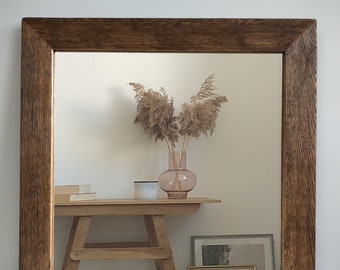 Oak mirror. Rustic mirror solid oak wood. Wall mirror wooden frame. Bathroom mirror.