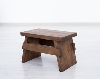 Rustic wooden stool. Wooden bench. Oak wood stool. Milking stool. Foot stool. Solid wood. Wooden step stool.