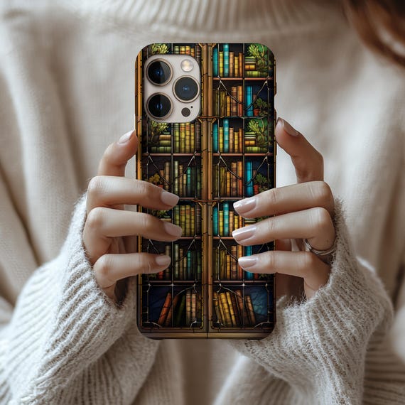 Stained Glass Bookcase Phone Case, Colorful Librarian Style, Gift
