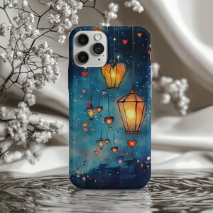 Celestial Starry Night Phone Case, Heart and Lantern Design, Tough Protection, Calm Midnight Sky, Compatible with iPhone and Samsung Galaxy