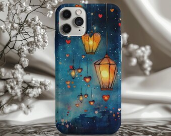 Celestial Starry Night Phone Case, Heart and Lantern Design, Tough Protection, Calm Midnight Sky, Compatible with iPhone and Samsung Galaxy