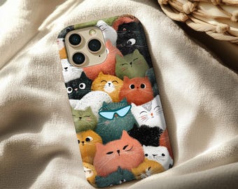 Skurrile Katzen Collage Handyhülle, Illustrierte Kätzchen Design, Niedliche Tierästhetische Abdeckung für iPhone und Samsung Galaxy