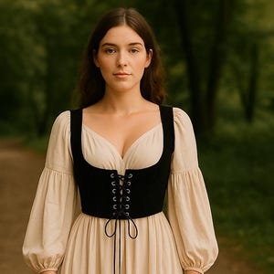 May include: A woman wearing a beige dress with long, puffy sleeves and a black corset. The corset has a lace-up front. The dress has a V-neckline and a long skirt. The background is a blurred forest path.