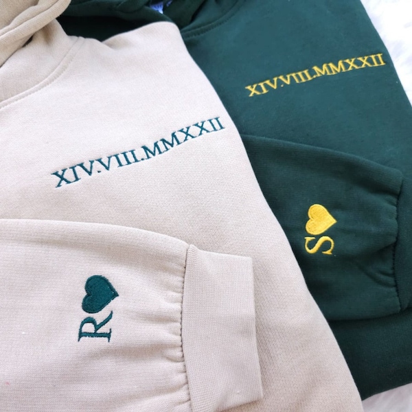 Embroidered Couple Matching Hoodie, Custom Roman Numeral Hoody, Personalized Initial Heart Jumper, Long Distance Relationship Gift for GF BF
