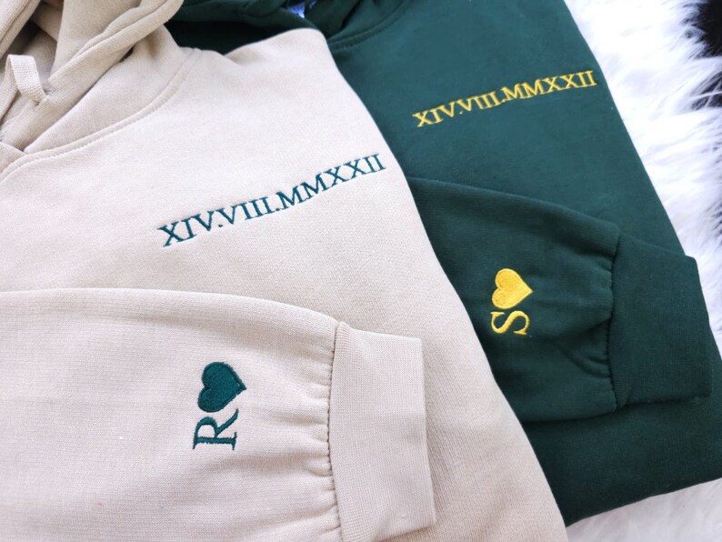 Embroidered Couple Matching Hoodie, Custom Roman Numeral Hoody,