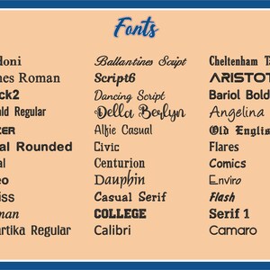 May include: A list of different fonts in black text on a peach background. The fonts are displayed in alphabetical order. The word "Fonts" is written in a decorative font at the top of the list.
