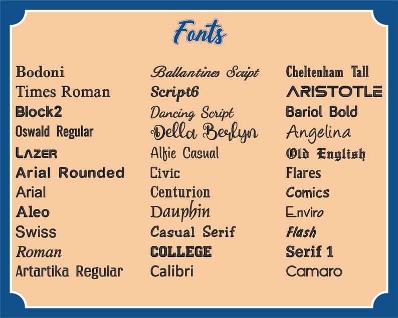 May include: A list of different fonts in black text on a peach background. The fonts are displayed in alphabetical order. The word "Fonts" is written in a decorative font at the top of the list.