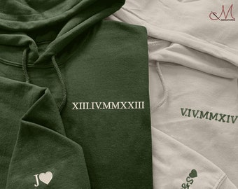 Custom Embroidered Hoodie, Personalized Date Initial on Sleeve Hoodie, Roman Numeral Wedding Hoodie, Special Anniversary Couples Presents