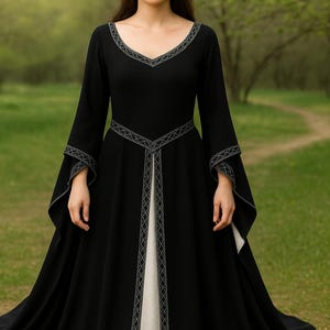 May include: A black, long-sleeved dress with a V-neck and white detailing. The dress has decorative stitching around the neckline, waist, and sleeves. Suitable for historical reenactments or themed events.