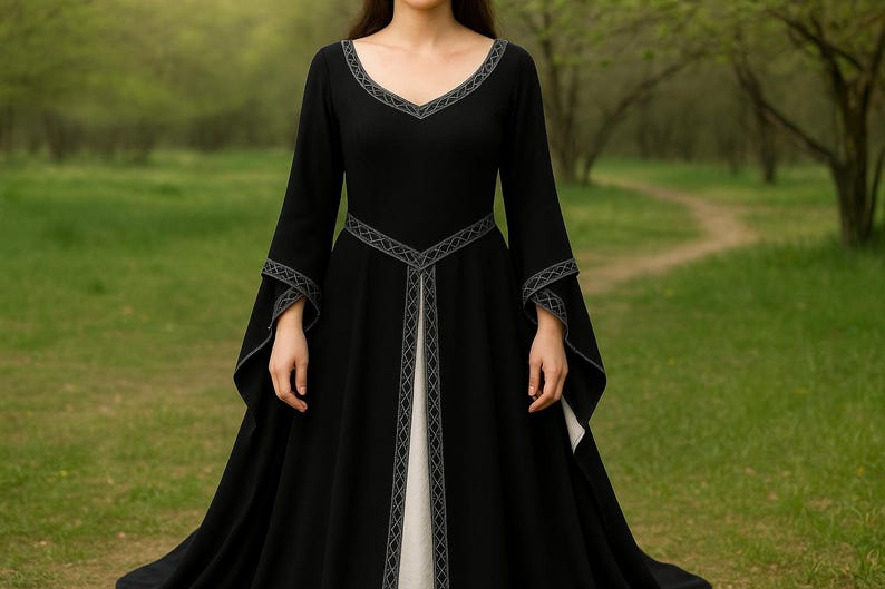 May include: A black, long-sleeved dress with a V-neck and white detailing. The dress has decorative stitching around the neckline, waist, and sleeves. Suitable for historical reenactments or themed events.
