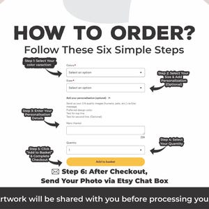May include: Image detailing the six steps to order a product, including selecting color, size, and quantity. Instructions guide users through personalization options and checkout, with a note about artwork sharing before processing.