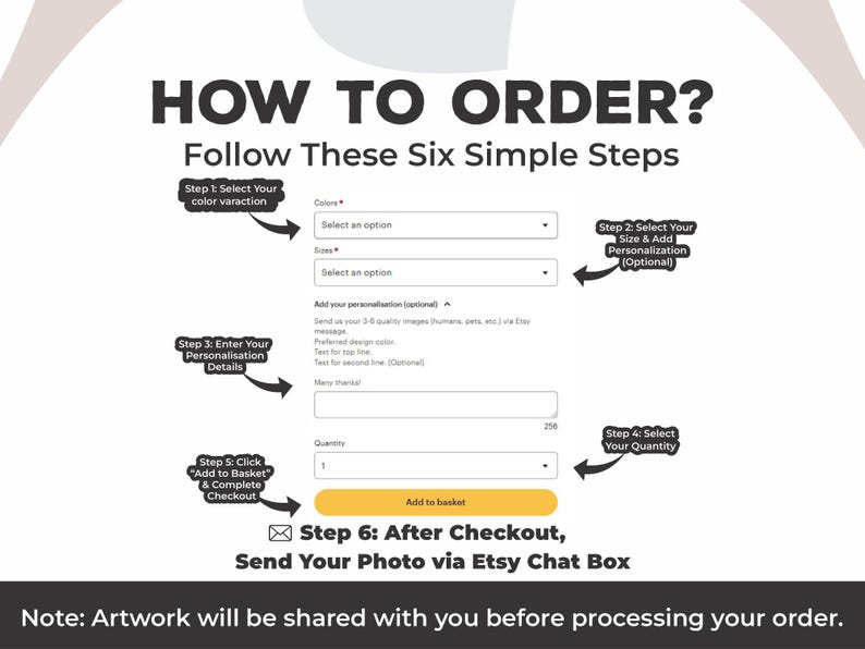 May include: Image detailing the six steps to order a product, including selecting color, size, and quantity. Instructions guide users through personalization options and checkout, with a note about artwork sharing before processing.