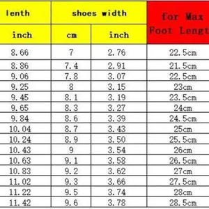 May include: A shoe size chart with measurements in centimeters and inches. The chart includes shoe length, shoe width, and foot length and width measurements. The chart is color-coded with yellow, green, and red headers.