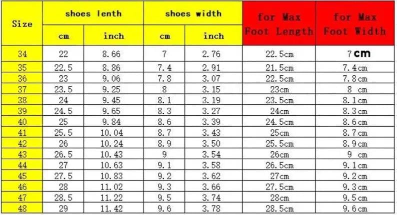 May include: A shoe size chart with measurements in centimeters and inches. The chart includes shoe length, shoe width, and foot length and width measurements. The chart is color-coded with yellow, green, and red headers.