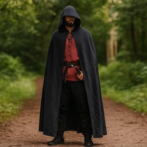 Ren Faire LARP 100% linnen mantel, renaissance middeleeuwse fantasiemantel, Viking-mantel met capuchon, riddercosplaykostuum, retro piratenkaap/mantel