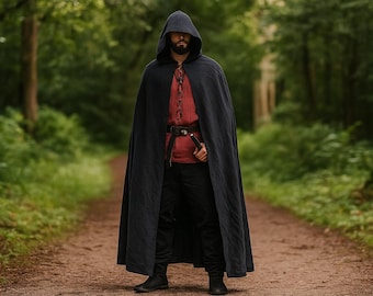 Ren Faire Larp 100% Linen Cloak, Renaissance Medieval Fantasy Cloak, Viking Cloak with Hood, Knight Cosplay Costume, Retro Pirate Cape/cloak