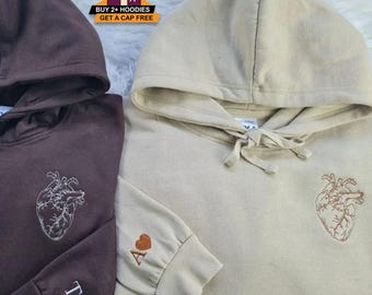 Embroidered Anatomical Heart Sketch Hoodie, Personalized Initial on Sleeve Hoody, Comfortable Couple Matching Jumper, Gf Bf Birthday Present