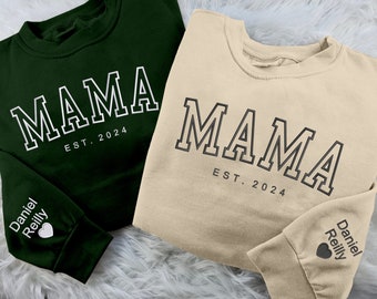 Jersey bordado de mamá personalizado, nombres personalizados de niños en el suéter de manga, sudaderas minimalistas con fecha de mamá, regalo especial para la abuela