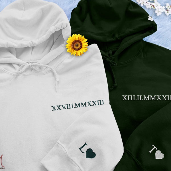 Personalized Couple Hoodie, Custom Embroidered Roman Numeral Hoodie, Couple Matching Date Initial Hoodie, Long Distance Anniversary Gifts