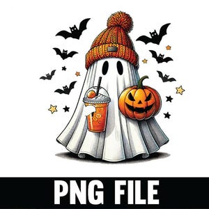 May include: A cartoon ghost wearing an orange knit cap and holding an iced drink. A carved pumpkin and bats surround the ghost. The image is a PNG file.
