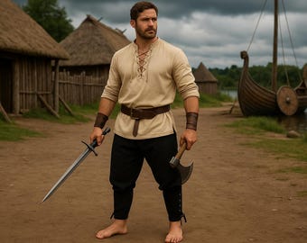 May include: A person in a beige tunic with a laced neckline, brown belt, and black pants, holding a sword and an axe. The scene is set in a village with thatched-roof buildings and a Viking ship in the background.