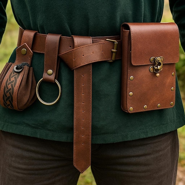 Medieval Cosplay Leather Belt, Renaissance Copper Coin Waist Bag, Steampunk Halloween Roleplay Accessory Set, Fantasy Cosplay Waist Bag