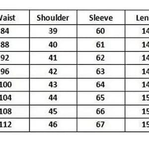 May include: A size chart for a long, dark purple dress with long sleeves and silver trim. The chart lists bust, waist, shoulder, sleeve, and length measurements in centimetres for sizes S to 5XL. A photo of the dress is included.