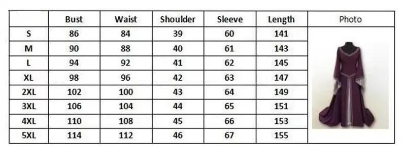 May include: A size chart for a long, dark purple dress with long sleeves and silver trim. The chart lists bust, waist, shoulder, sleeve, and length measurements in centimetres for sizes S to 5XL. A photo of the dress is included.