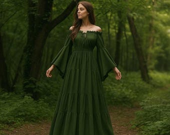 Medieval Renaissance Maxi Dress, Cottagecore Fairy Off the Shoulder Dress, Elf Witch Ethereal Dress, Gothic Fantasy Bell Sleeve Dress