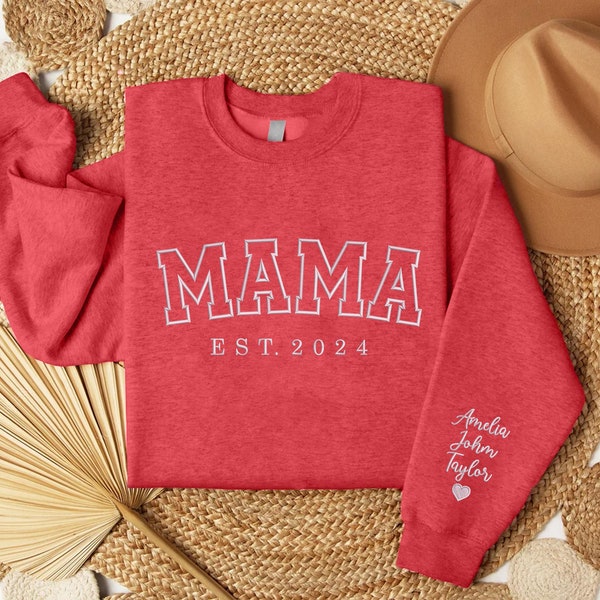 Personalized Mama Sweatshirt, Custom Kids Names on Sleeve Embroidered Sweater, Mom Est Date Minimalist Sweatshirt, Grandmother Special Gifts