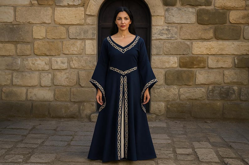 May include: A navy blue dress with long, flared sleeves and a V-neck. The dress is adorned with gold-coloured trim around the neckline, sleeves, and front. The woman is standing in front of a stone wall.
