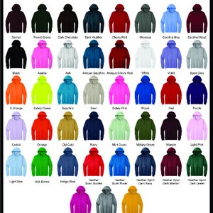 May include: Color chart showing 36 different colors of hooded sweatshirts. The colors are arranged in rows and columns, with each color having a name label below it.
