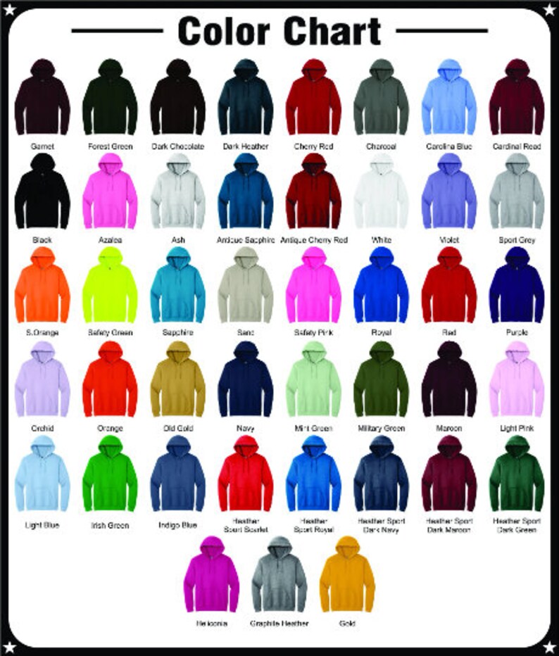 May include: Color chart showing 36 different colors of hooded sweatshirts. The colors are arranged in rows and columns, with each color having a name label below it.