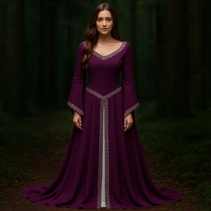 May include: A full-length, deep purple dress with long sleeves and a V-neck. The dress has silver trim on the neckline, sleeves, and waist. The dress is set in a forest, with a long train.