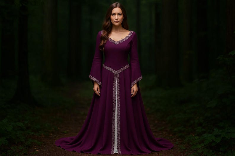 May include: A full-length, deep purple dress with long sleeves and a V-neck. The dress has silver trim on the neckline, sleeves, and waist. The dress is set in a forest, with a long train.