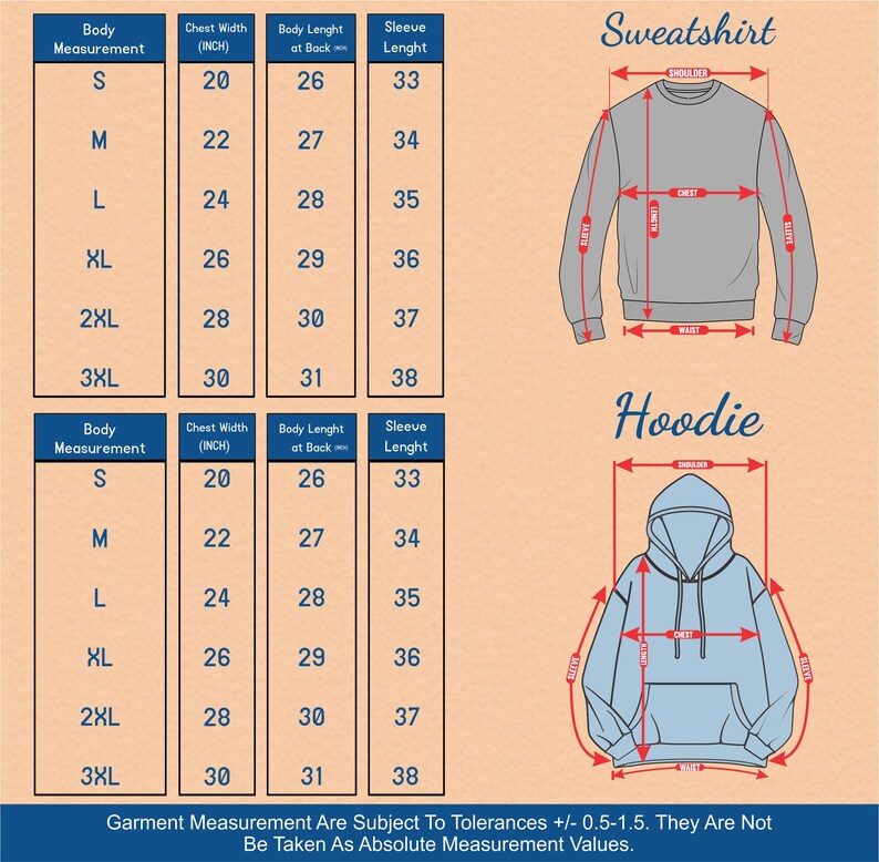 May include: A size chart for sweatshirts and hoodies with measurements in inches for chest width, body length, and sleeve length. The chart includes sizes S, M, L, XL, 2XL, and 3XL.